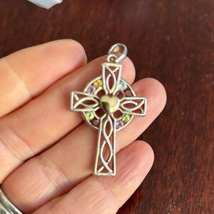 Celtic Cross Necklace with Gold Heart Accent with garnet, citrine, amythyst